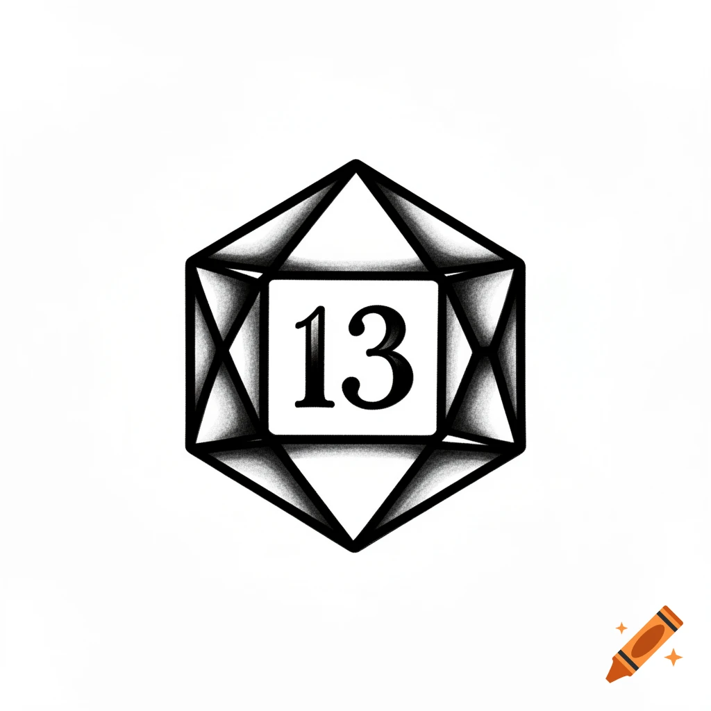 A black and white d20 die with the number 13 in American traditional tattoo style.
