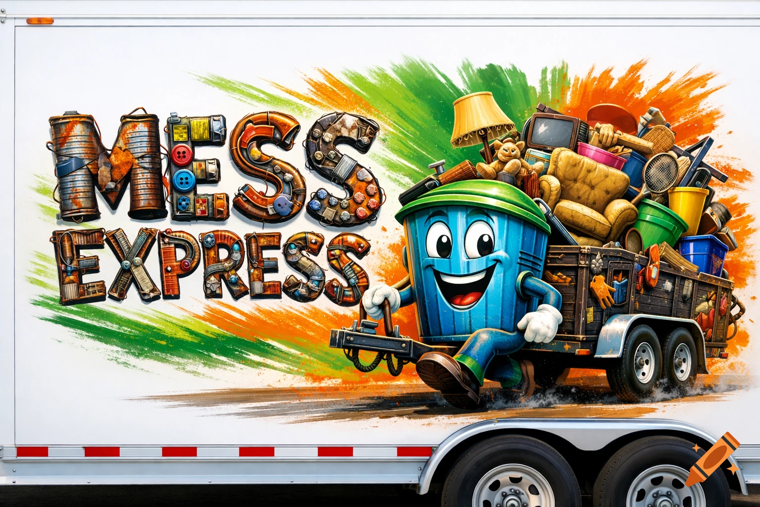Smiling blue trash bin mascot pulling a junk-filled trailer, with 'MESS EXPRESS' text made of rusted objects on a white trailer wrap.