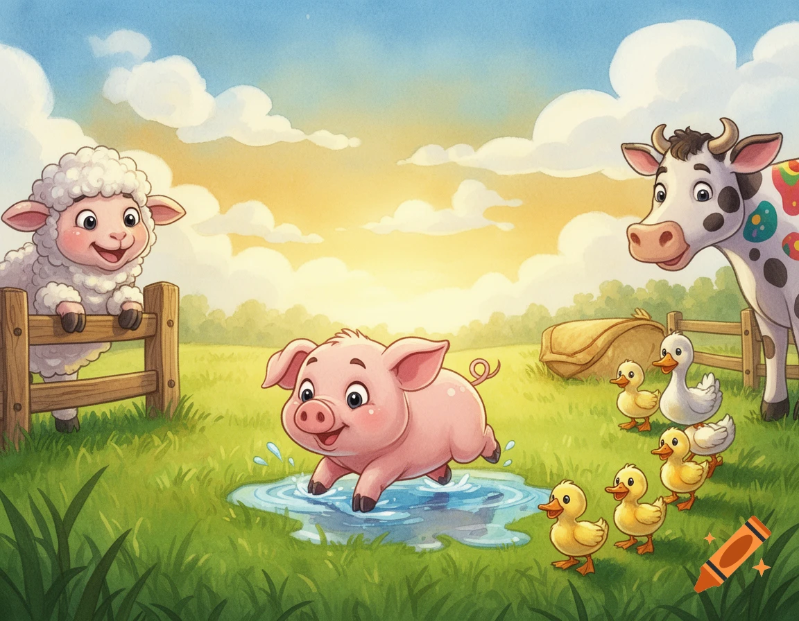 A happy pig splashes in a puddle on a sunny farm, watched by a smiling sheep, a cow, and a line of ducklings in a cartoon style.