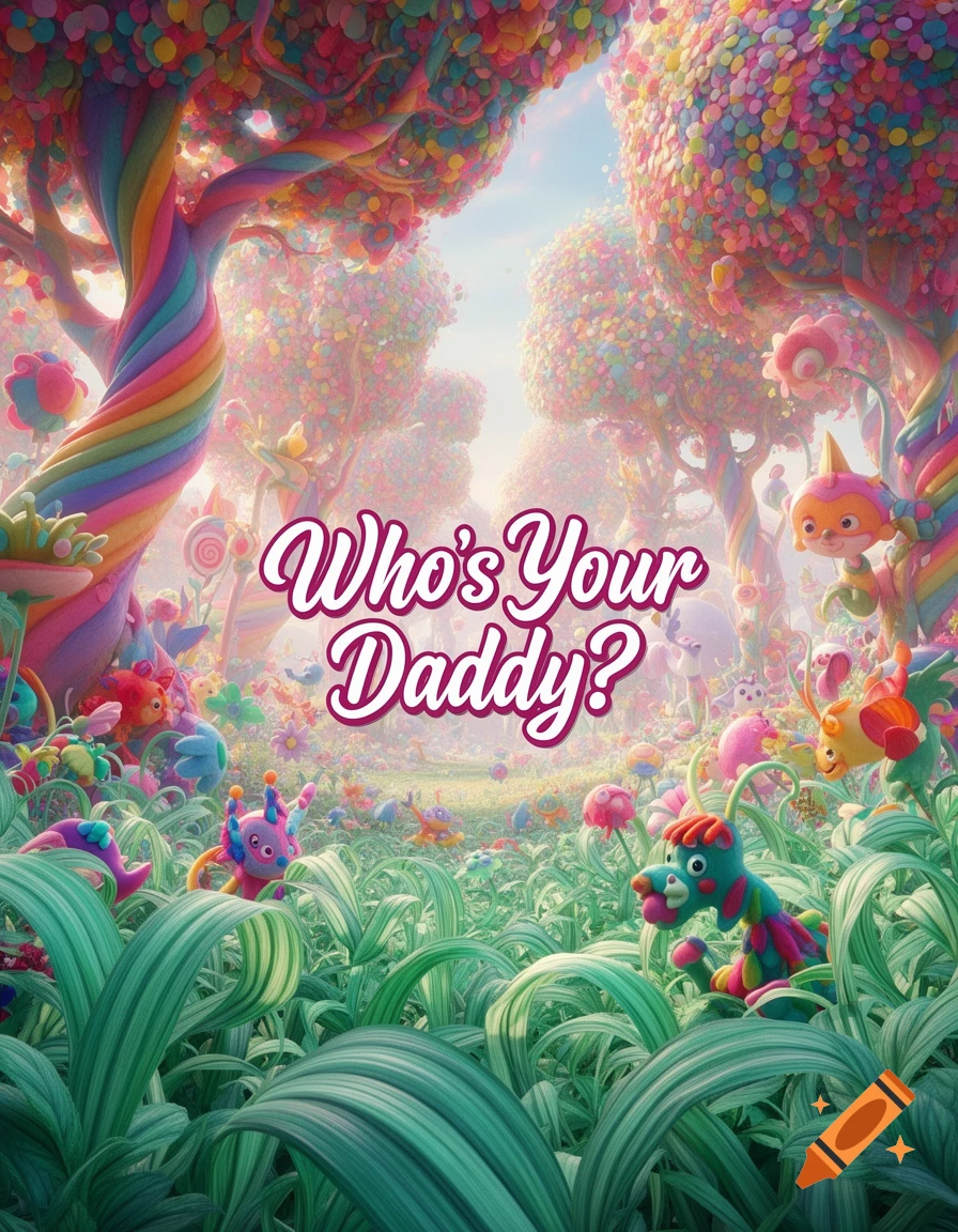 A vibrant, whimsical candy land forest with colorful trees, stylized creatures, and text 'Who's Your Daddy?' in the center.