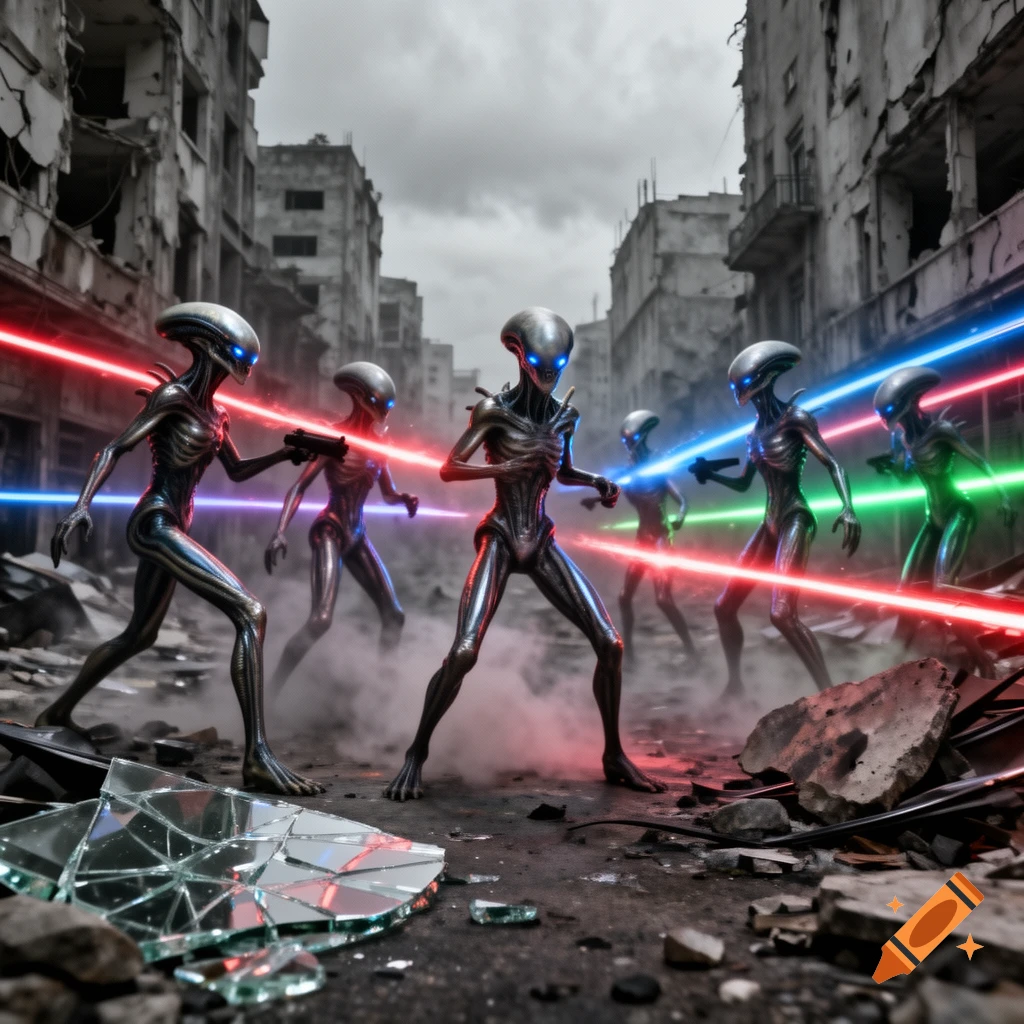 Six grey aliens with glowing blue eyes and laser guns fight in a destroyed city under a cloudy sky, photorealistic style.