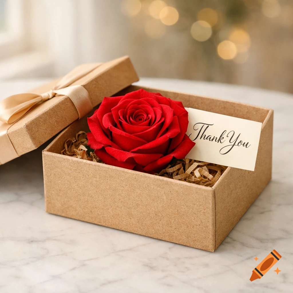 A single red rose in a kraft gift box with a 'Thank You' card, on a marble surface with a bokeh background in product photography style.
