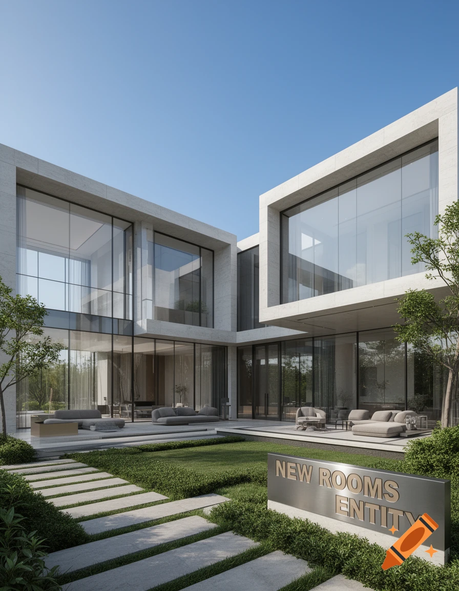 A luxurious modern house with large glass windows, concrete walls, lush green garden, stepping stones, and a 'NEW ROOMS ENTITY' sign.