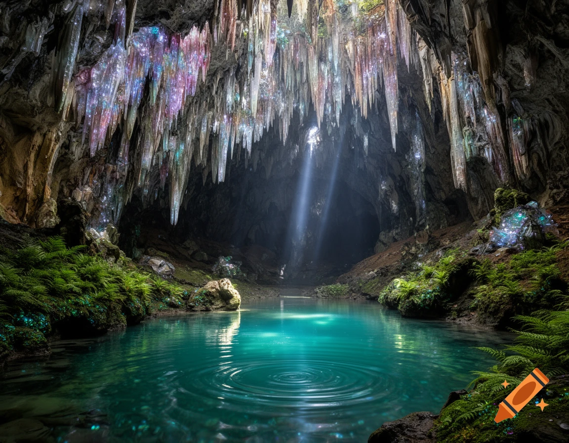 A beautiful magical cave with glowing stalactites, ferns, and a luminous turquoise pool reflecting a beam of light from above.