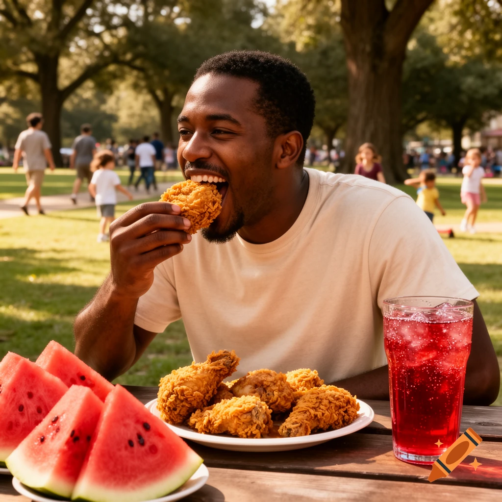 A Black man happily eats fried chicken at an outdoor picnic table with watermelon slices and a red drink. People are in the sunny park background.