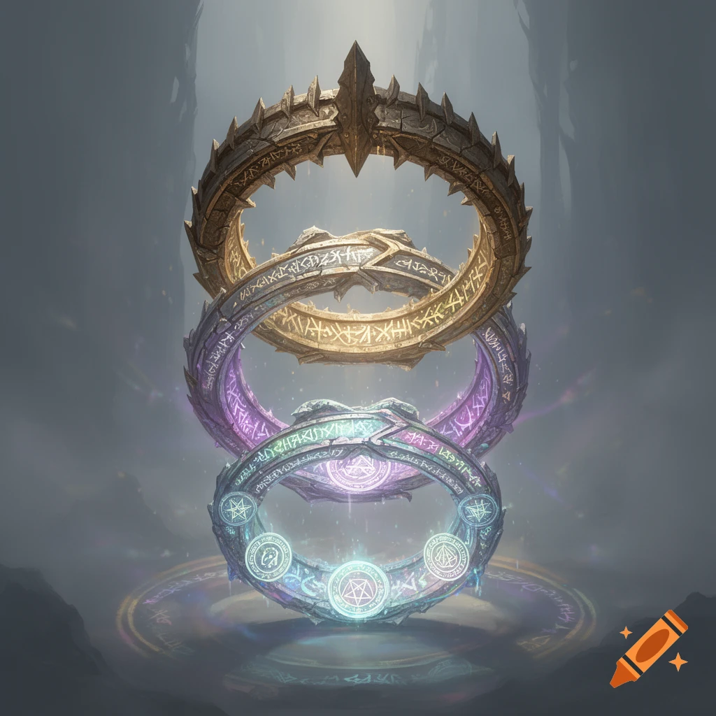 Three intricate, descending mystical rings —top dark, middle gold and purple, bottom glowing green and blue with runes —float in a misty environment.