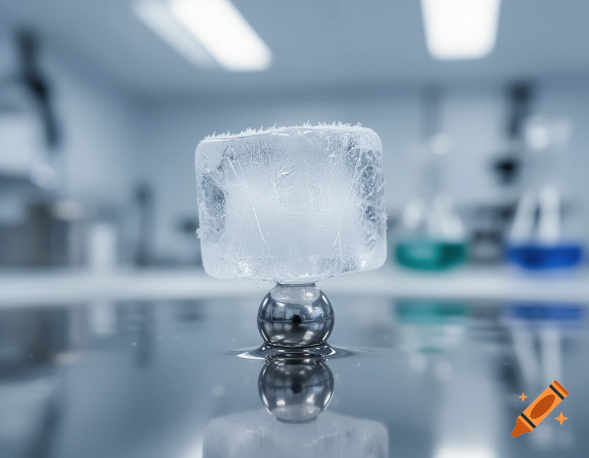 A frosty ice cube rests on a shiny metallic sphere with a pool of water, reflecting on a surface in a sterile laboratory.