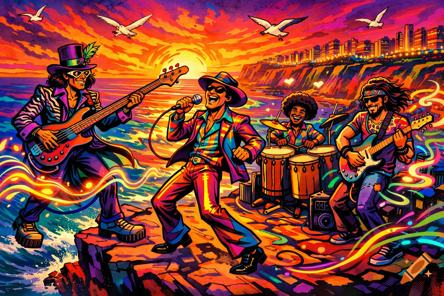 A vibrant, psychedelic comic-style illustration of a funk rock band performing on cliffs at sunset, with an ocean and city skyline in the background.
