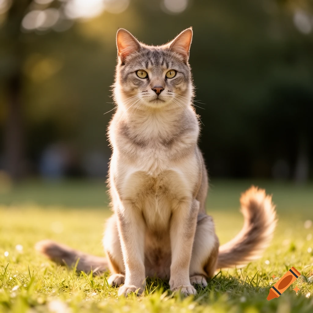A photorealistic tabby cat with green eyes sits upright in a sunlit ...