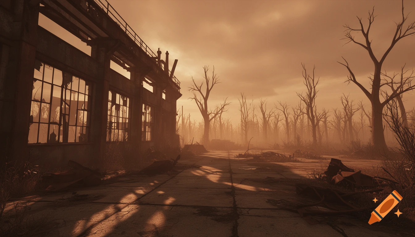 A desolate, orange-toned post-apocalyptic landscape featuring a ruined factory building and bare trees under a hazy sky.
