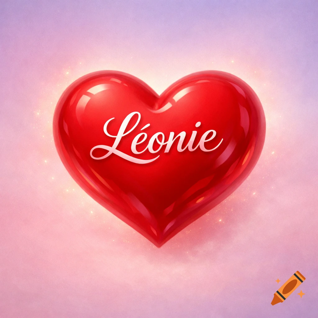 A glossy red heart with the name "Léonie" written in white script, against a soft pink and purple glowing background.