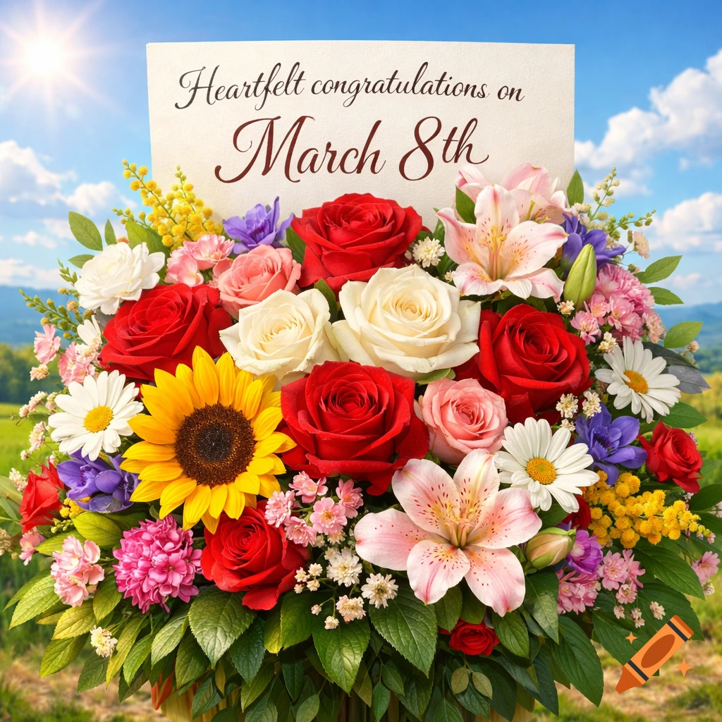 A vibrant bouquet of roses, lilies, and sunflowers with a card reading 'Heartfelt congratulations on March 8th' under a sunny sky.
