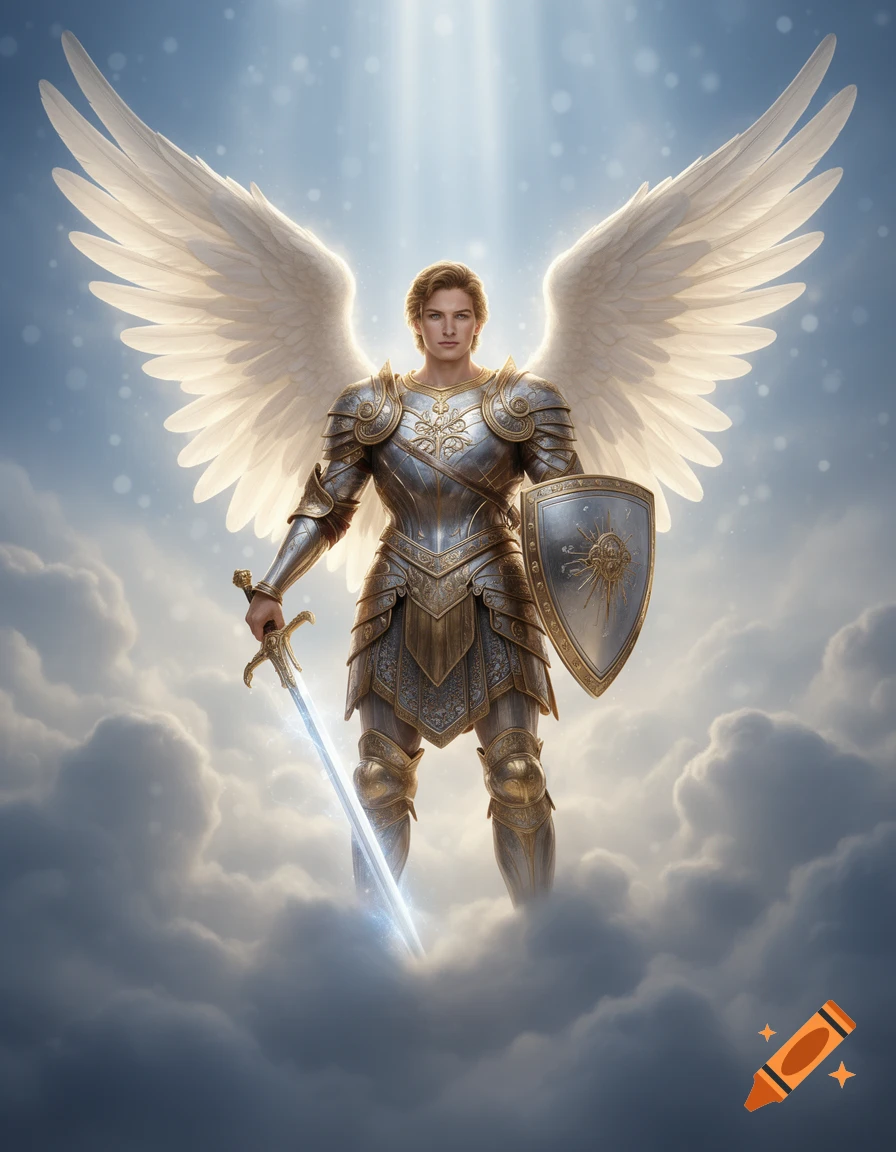 A majestic archangel in ornate silver and gold armor with large white ...