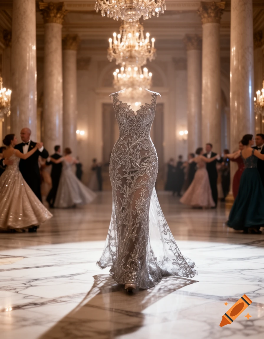 A silver, intricately beaded formal gown appears to float in a grand ballroom with people dancing in the blurred background.