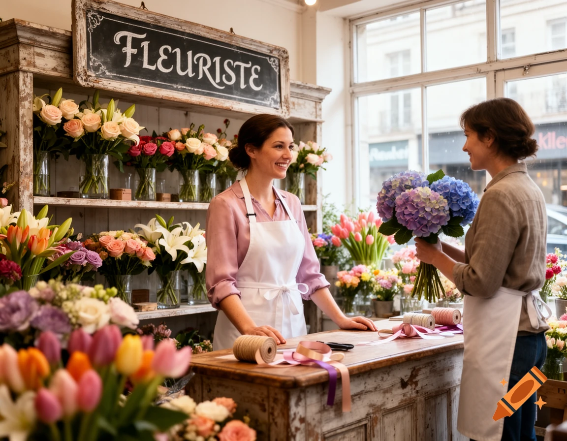 A smiling florist helps a customer holding a bouquet in a vibrant flower shop, photorealistic.