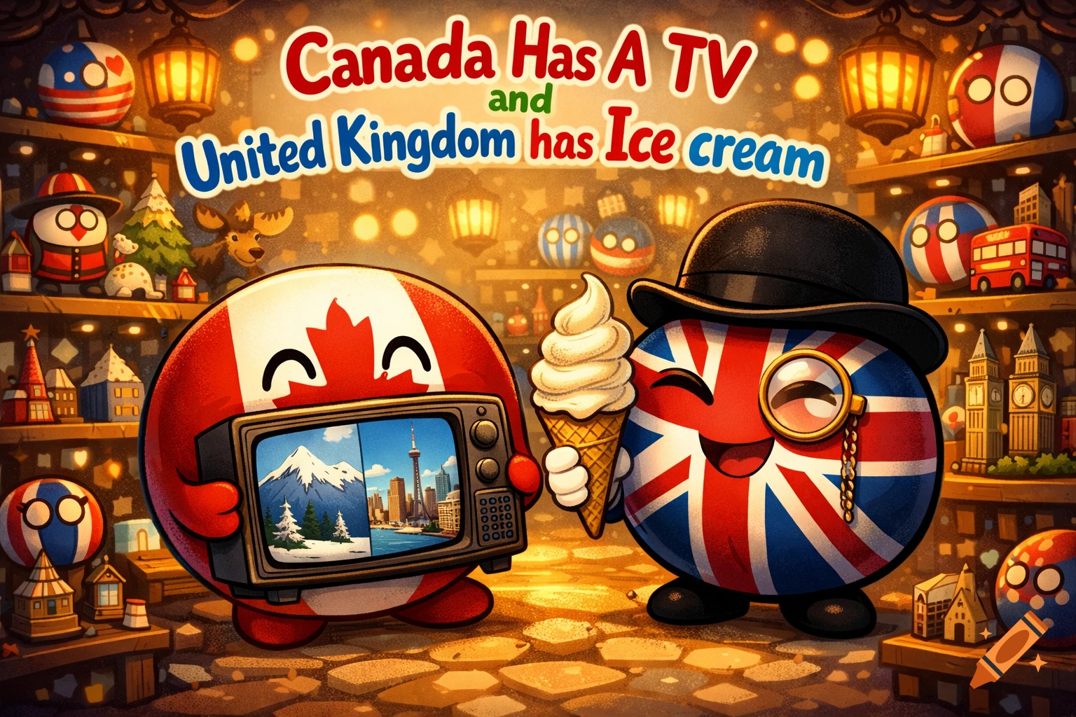 A cartoon Canada countryball holds a TV, while a UK countryball in a top hat holds an ice cream in a festive store.