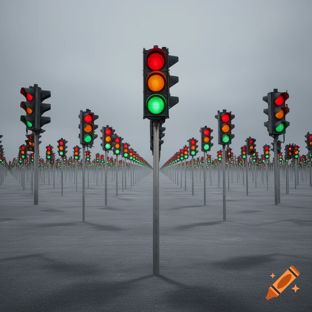 An infinite grid of traffic lights, illuminating red, orange, and green, extends under a grey sky.