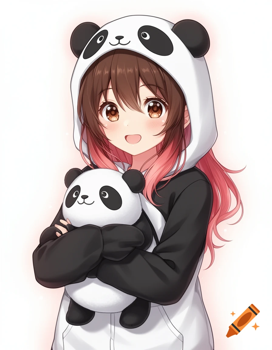 An anime girl with brown hair and pink tips, wearing a black and white panda hoodie, holding a panda plushie and smiling.