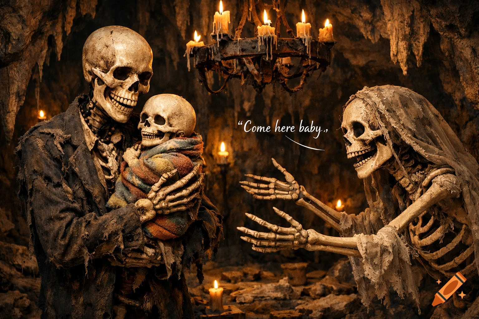 Photorealistic image of a male skeleton holding a baby skeleton, while a female skeleton says "Come here baby" in a dark, candlelit cave.