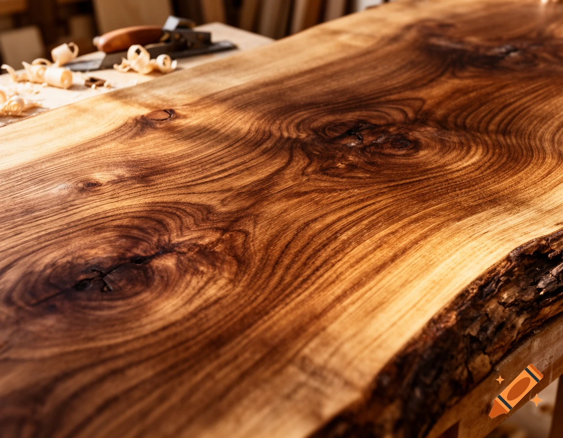 Close-up of a live-edge wooden slab with rich, warm wood grain patterns. Wood shavings and a hand plane are in the blurred background.