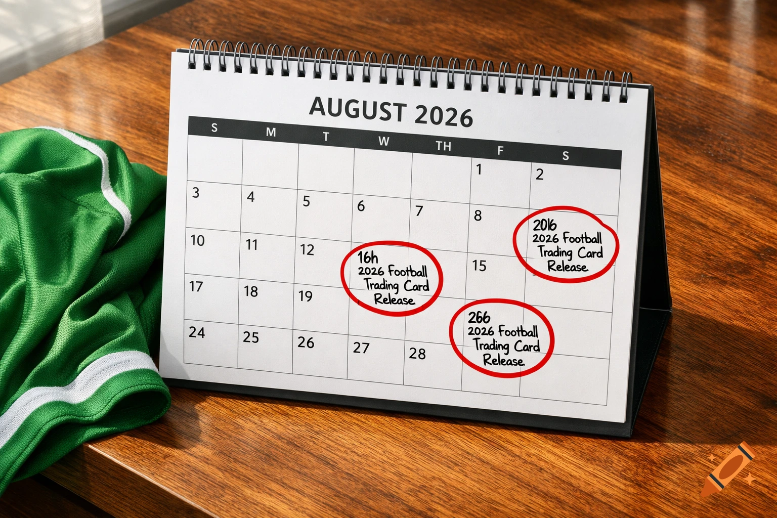 A desk calendar for August 2026 shows multiple entries for "2026 Football Trading Card Release" circled in red, with a green sports jersey next to it.