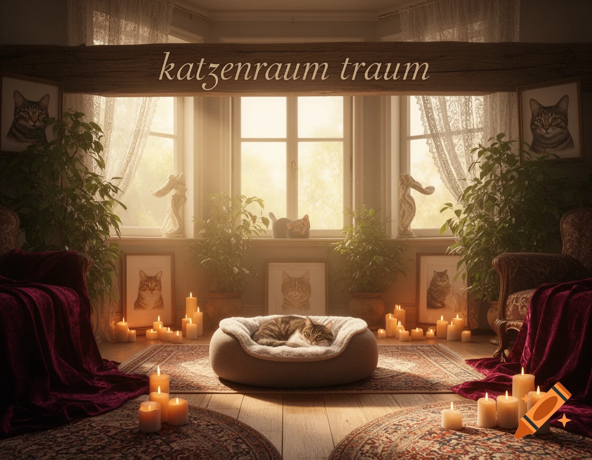 A cozy room with a sleeping cat in a bed, surrounded by lit candles, potted plants, and framed cat portraits, bathed in warm sunlight. "Katzenraum Traum" text on a wooden beam.