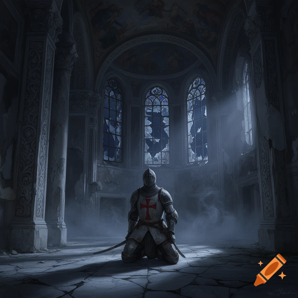 Painting of a templar knight kneeling in a dark, decrepit church with broken stained glass windows and light shafts.