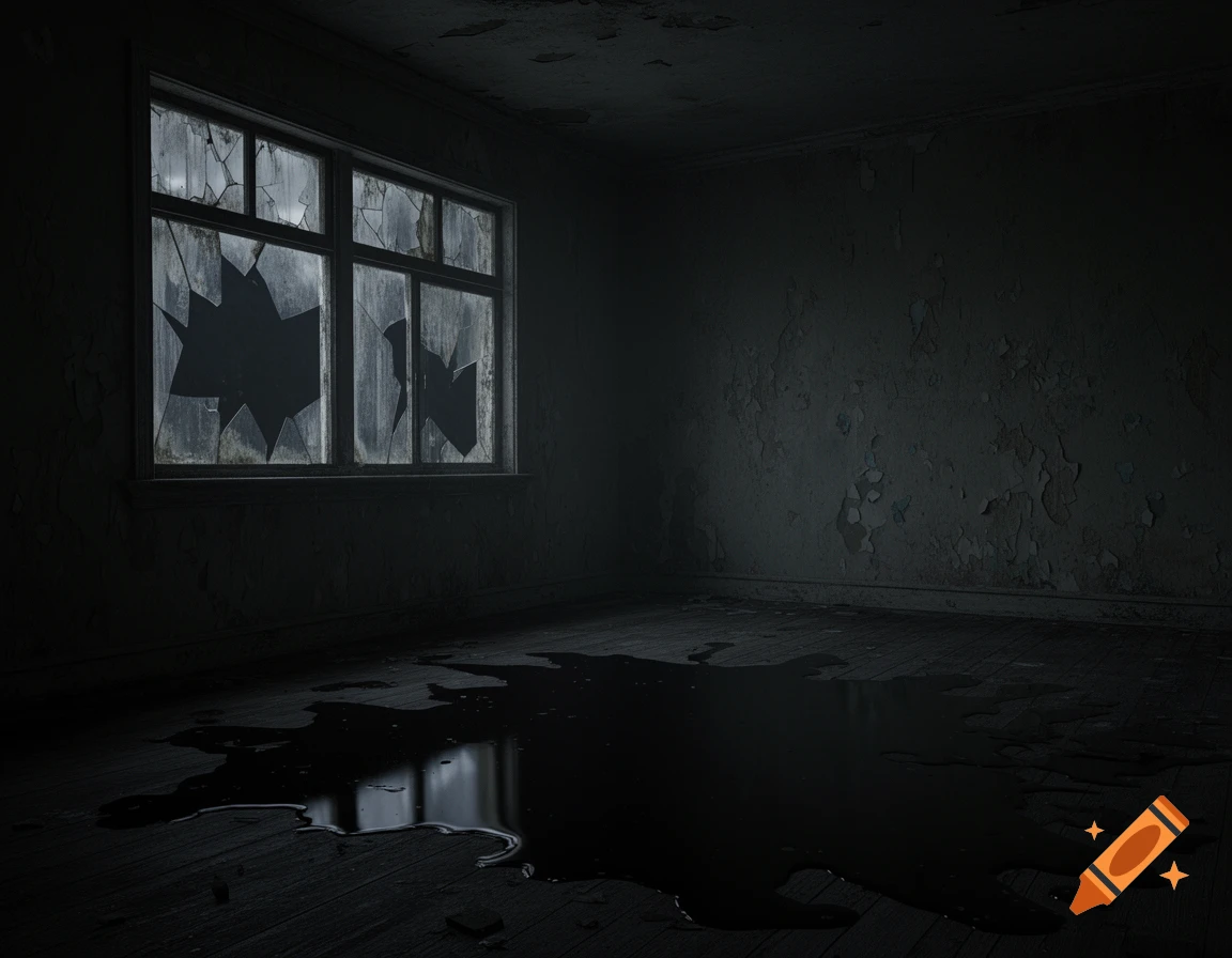 Dark, eerie abandoned room with a broken window and a pool of black liquid on the wooden floor.
