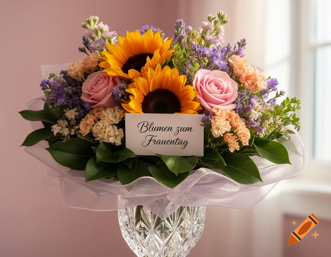 A vibrant bouquet featuring sunflowers, pink roses, and purple filler flowers, wrapped in sheer fabric, displayed in a crystal vase with a card reading "Blumen zum Frauentag".