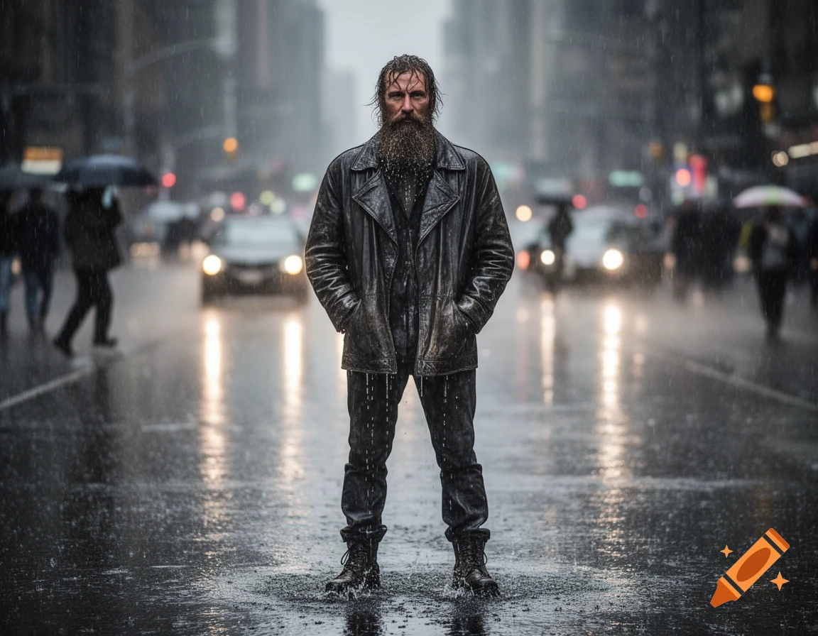 A photorealistic image of a bearded man in a leather jacket standing in the rain on a wet city street, cars and people blurred in the background.