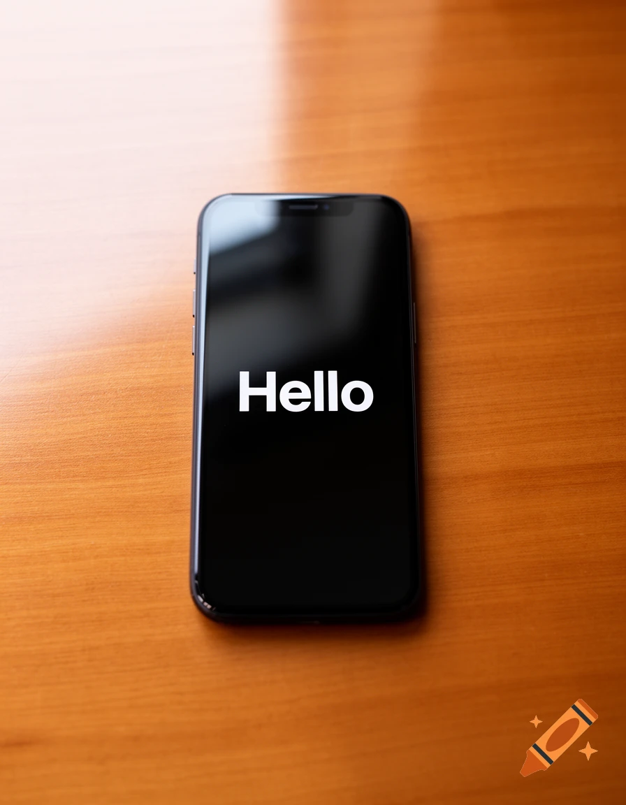 A black smartphone displaying the word 'Hello' on its screen, resting on a wooden table.