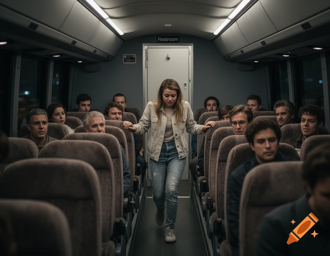 A young woman walks down the aisle of a charter bus as other passengers watch, in a photorealistic style.