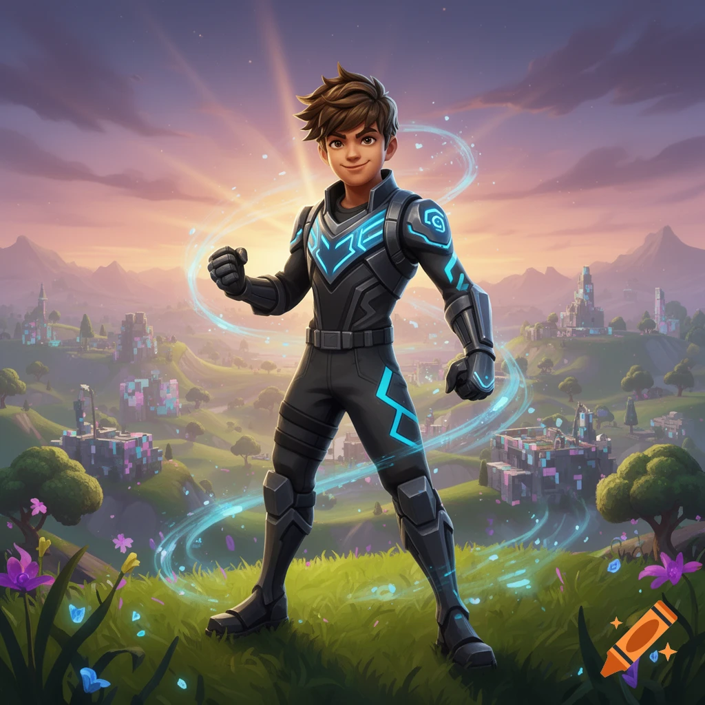 A confident boy in a black and blue futuristic suit stands in a vibrant fantasy landscape with glowing city buildings under a sunset.
