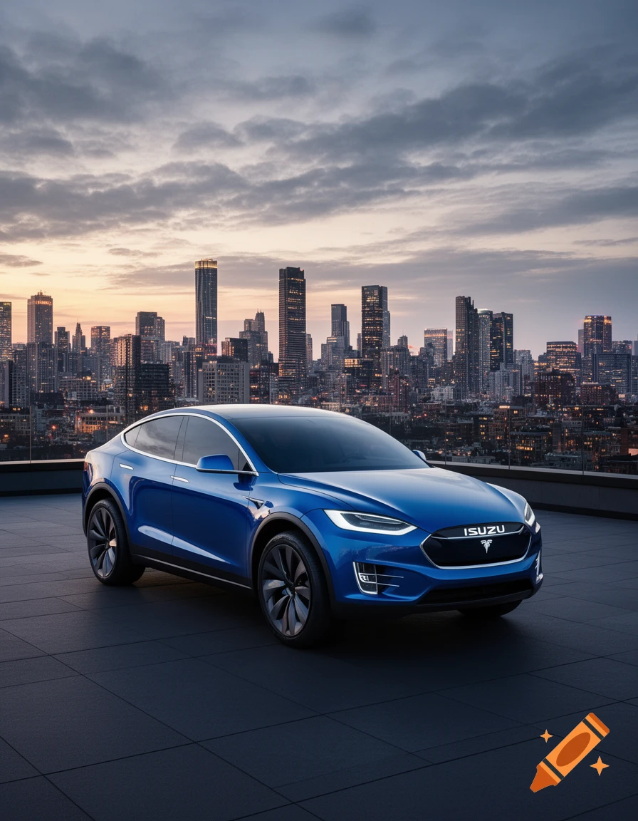 A blue crossover car with ISUZU text and a Tesla logo on the front, parked on a rooftop overlooking a city skyline at dusk.