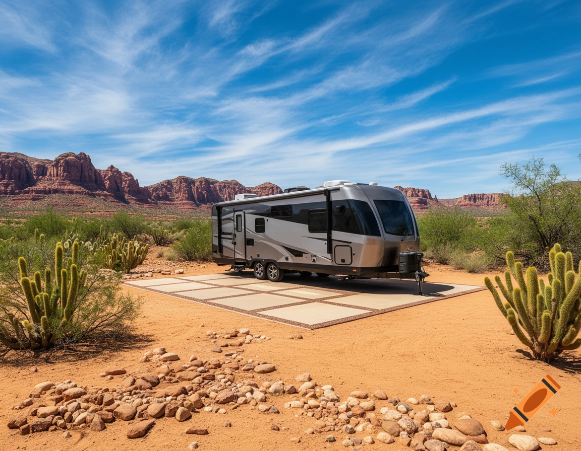 A silver travel trailer parked on an RV pad in a sunny desert landscape with red rock mountains and green cacti.