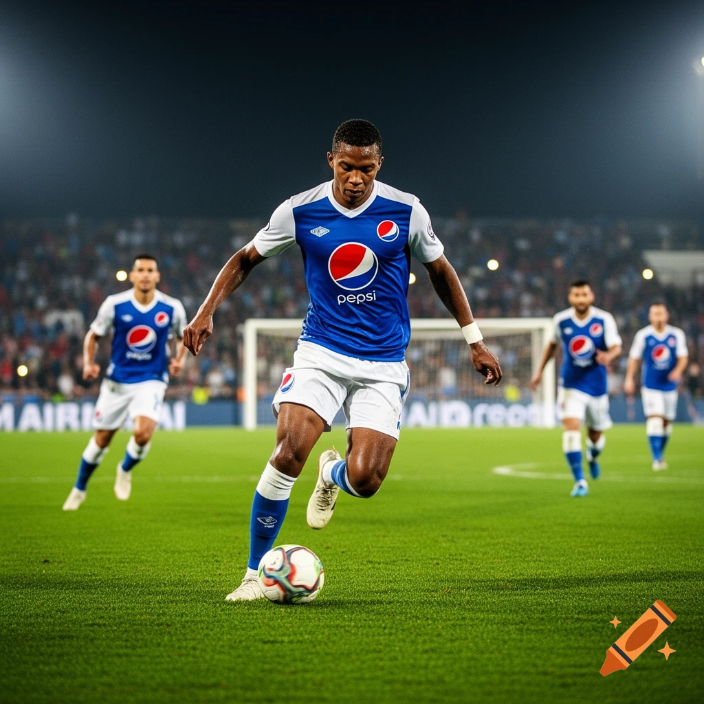 A football player in a blue and white Pepsi jersey dribbles a soccer ball on a green field under stadium lights.
