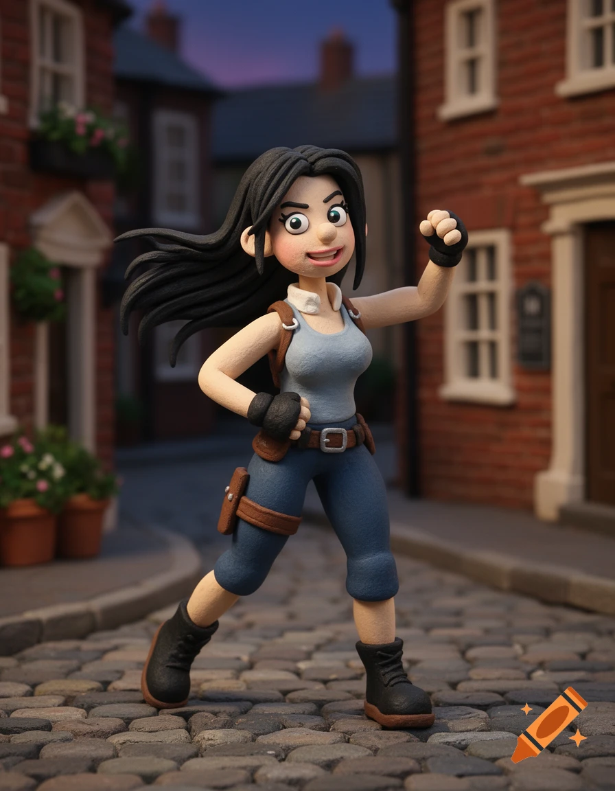 Claymation-style Tifa Lockhart in an action pose on a cobblestone street at dusk, with brick buildings in the background.