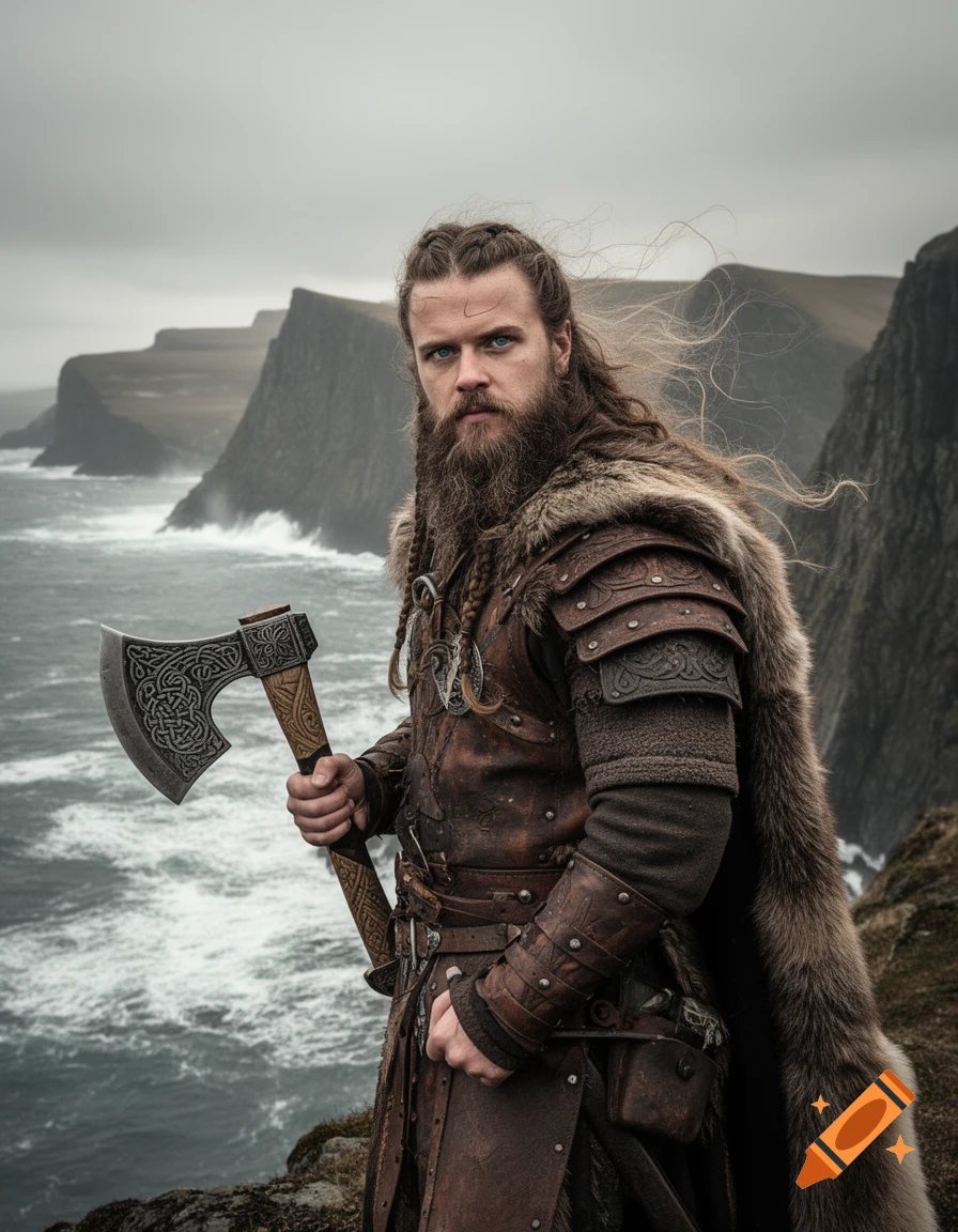 A photorealistic portrait of a bearded Viking warrior in armor, holding an ornate axe on a stormy clifftop.