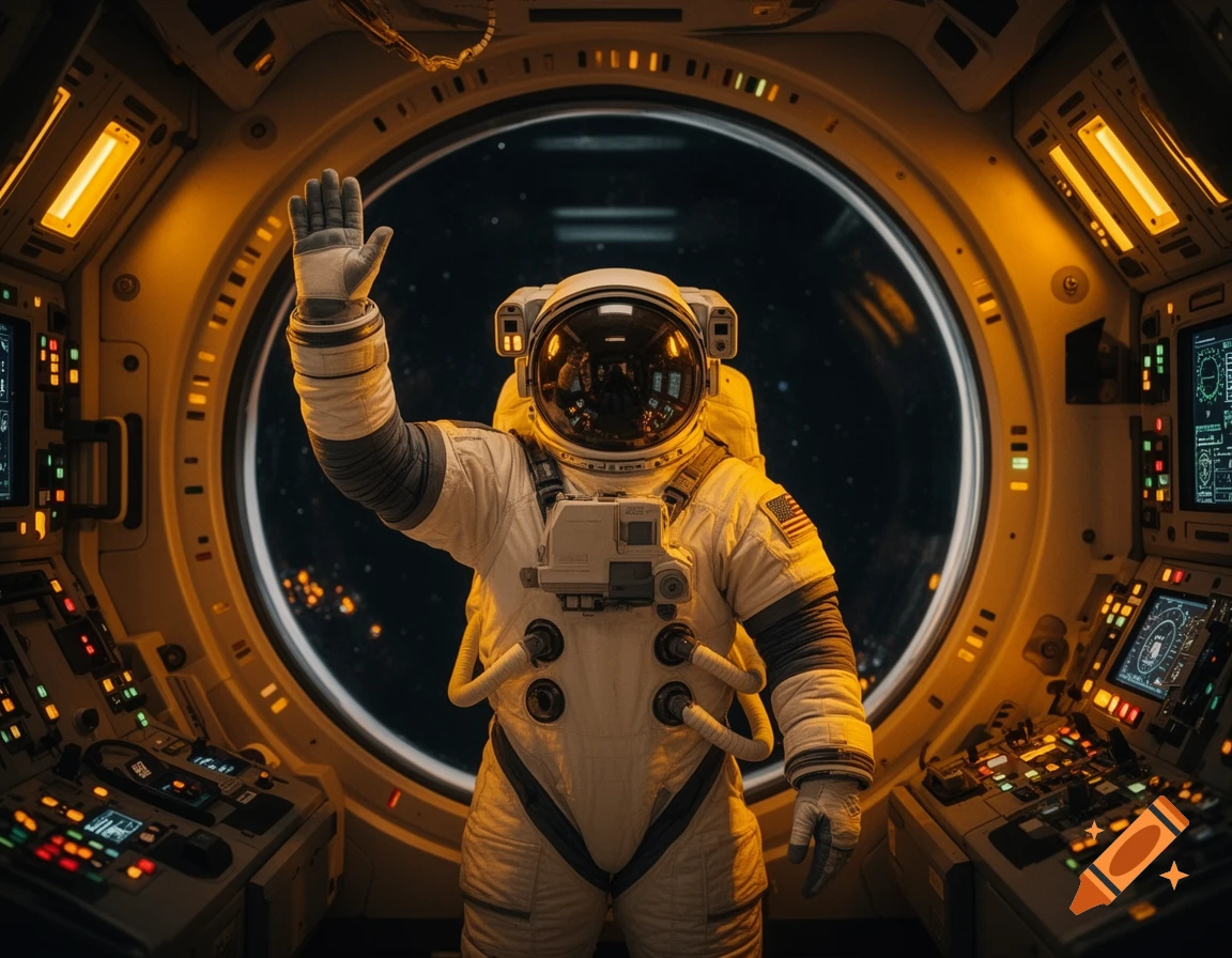 An astronaut in a spacesuit waves from inside a spaceship cockpit, looking out a large circular window into space, with yellow-orange interior lighting.