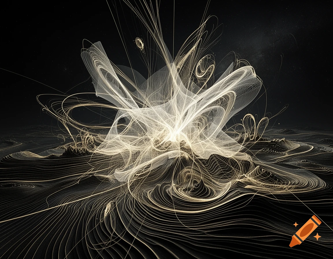 An abstract sculpture of intricate, glowing light lines forming an energetic landscape on a dark, textured ground.