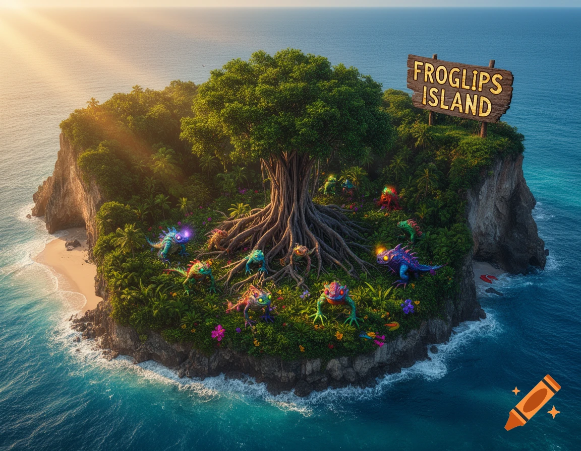 Aerial view of 'Froglips Island', a lush green island with a large tree, colorful fantasy creatures, and a wooden sign, surrounded by turquoise ocean.