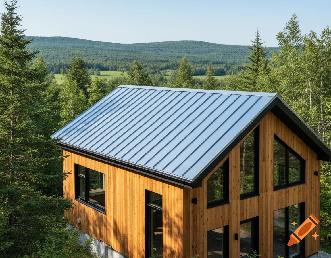 Modern wooden cabin with a light blue metallic roof, featuring large windows and natural wood siding, set amidst a dense green forest under a clear sky.