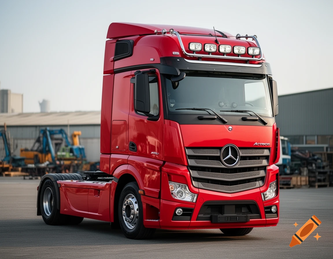 A red Mercedes Actros truck with a roof light bar is parked outdoors in a lot with industrial buildings in the background.