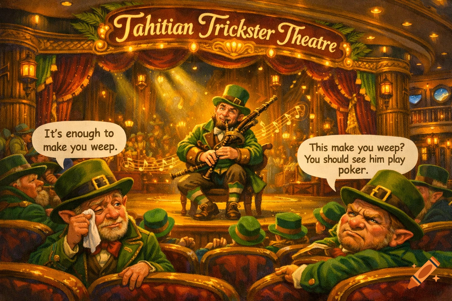 A fantasy painting depicts leprechauns in a theater, one plays pipes on stage, while two in the audience talk in speech bubbles.