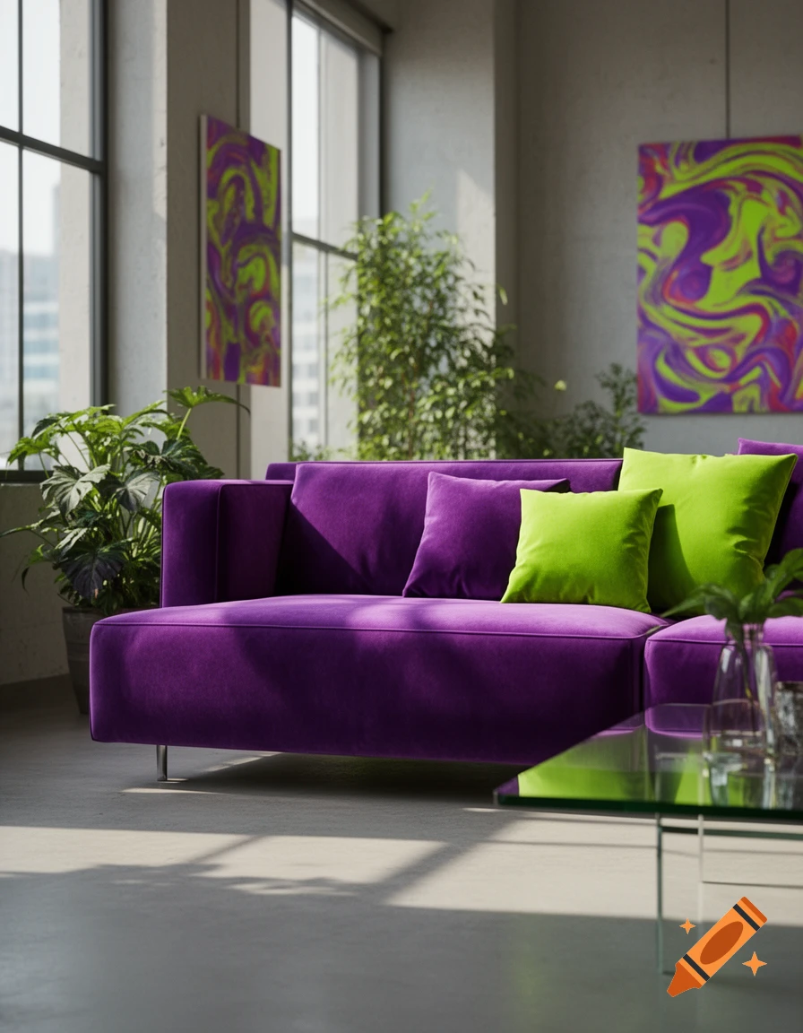 A modern living room featuring a vibrant purple couch with lime green pillows, a glass coffee table, plants, and abstract art in a well-lit space.