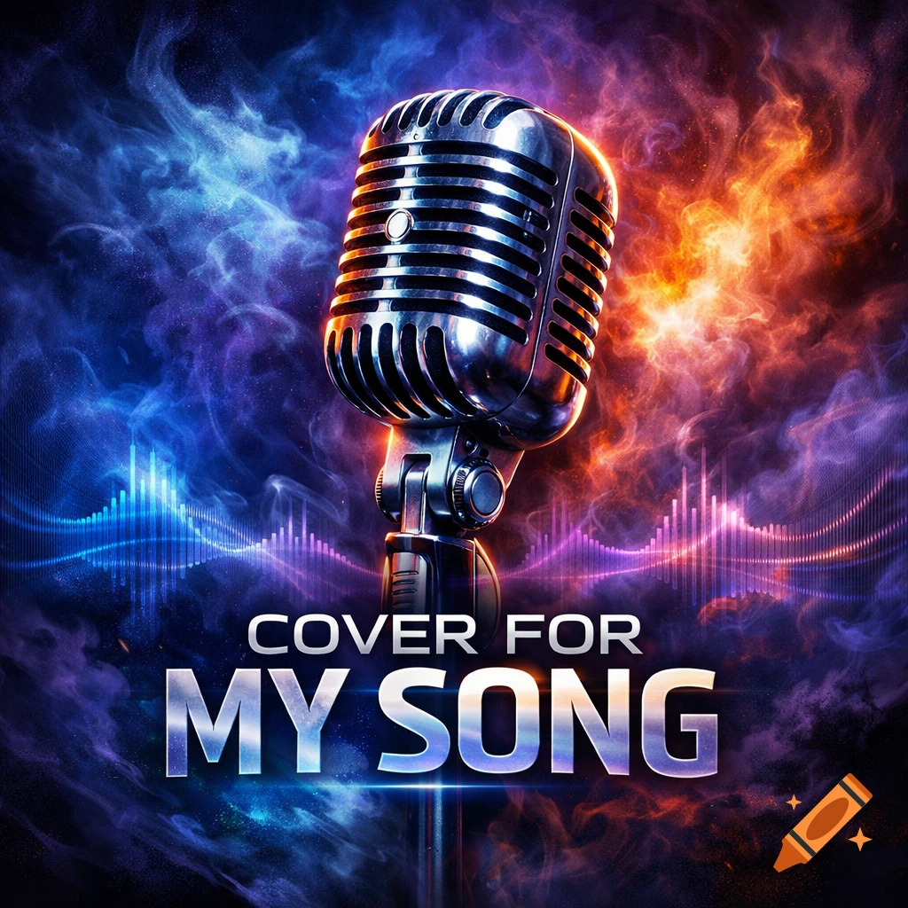 A vintage microphone stands against a backdrop of vibrant blue, purple, and orange swirling smoke, with sound wave graphics and the text "COVER FOR MY SONG".