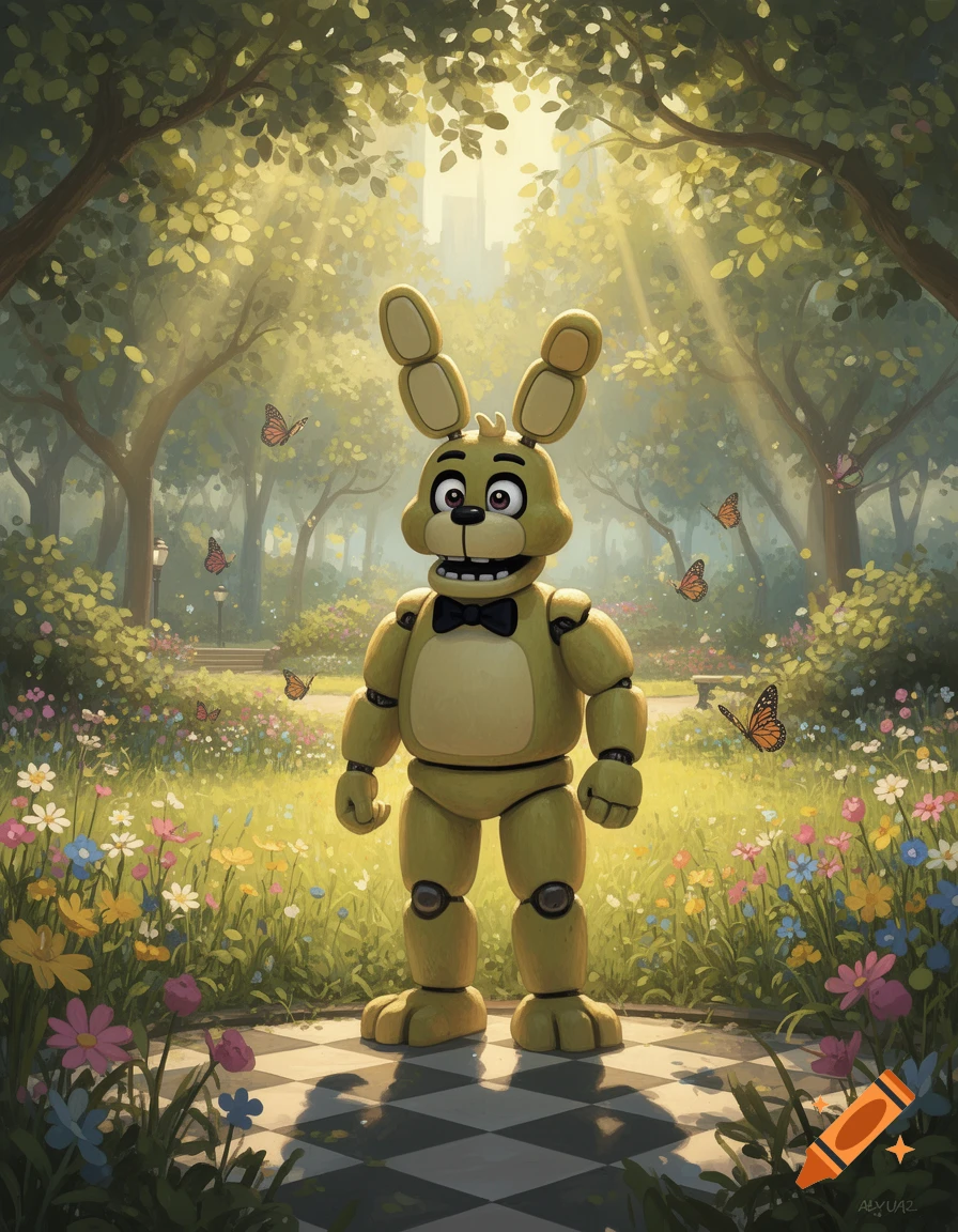 Spring Bonnie animatronic in a vibrant, sunlit garden with colorful flowers and butterflies, digital art.