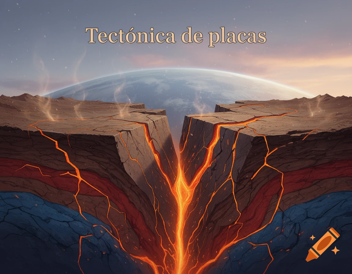 Cross-section of earth showing two tectonic plates pulling apart with glowing lava in the fissure, with a large planet in the background and text "Tectónica de placas".