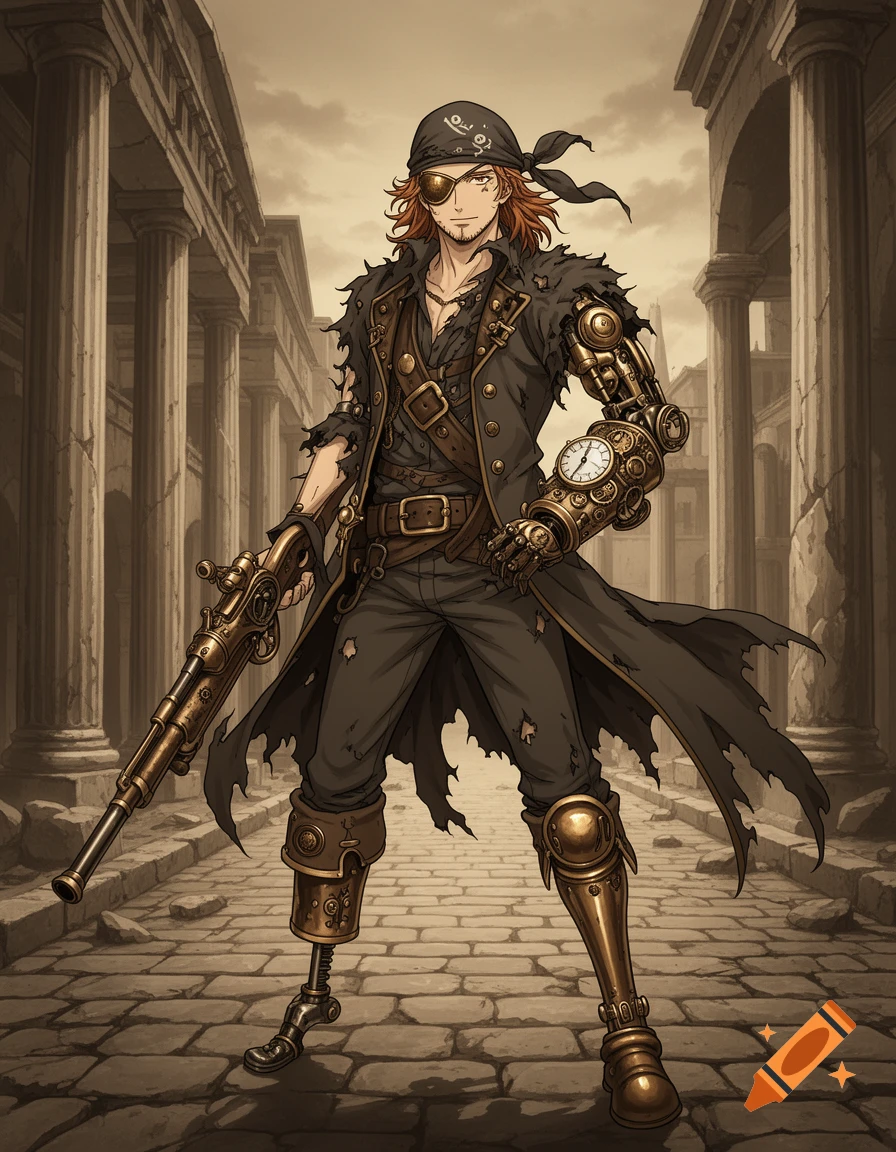 An anime steampunk pirate with a mechanical arm and peg leg stands holding a rifle on a crumbling Roman street.