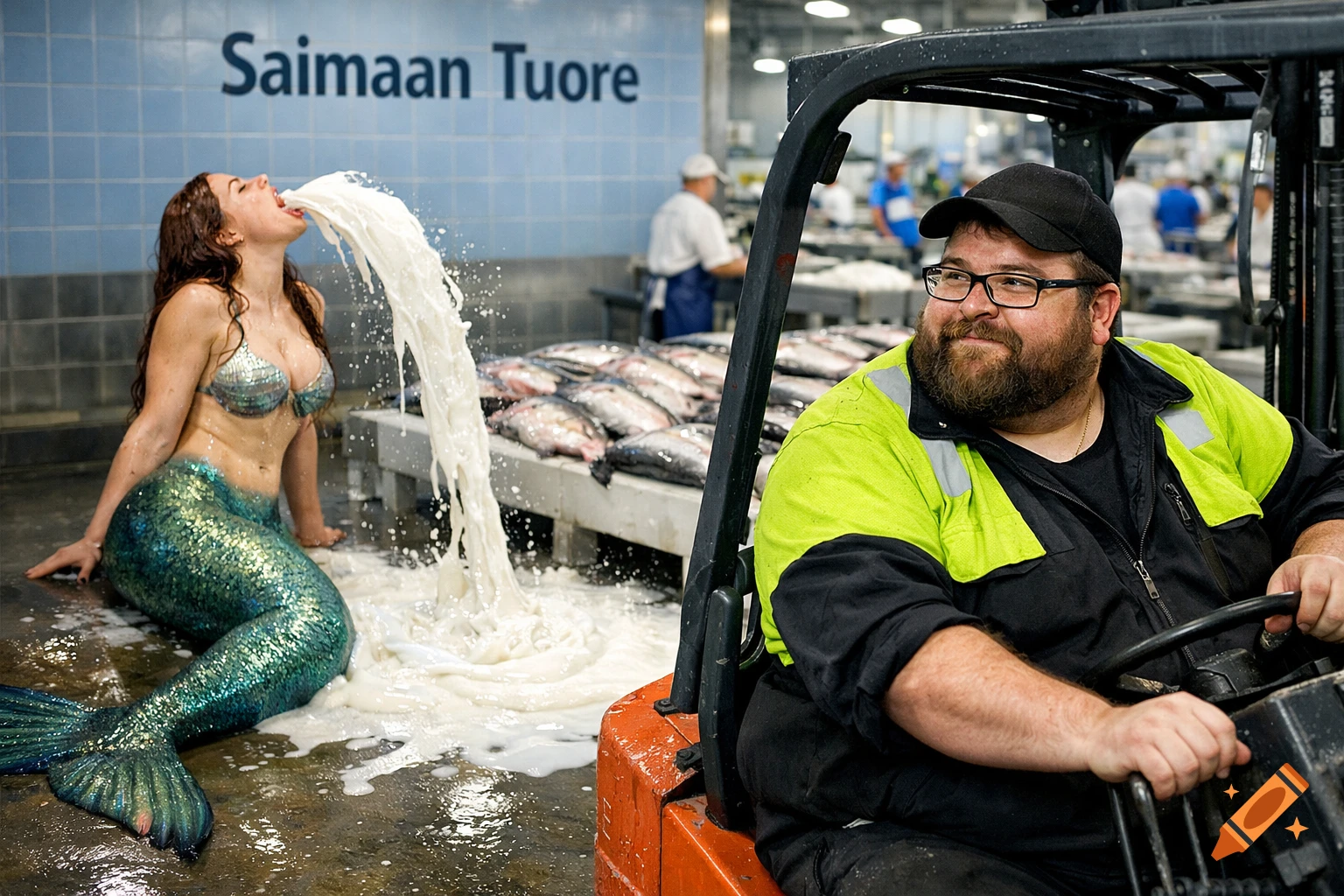 Photorealistic image of a mermaid spewing white liquid onto the floor in a fish factory, with a forklift driver looking on.